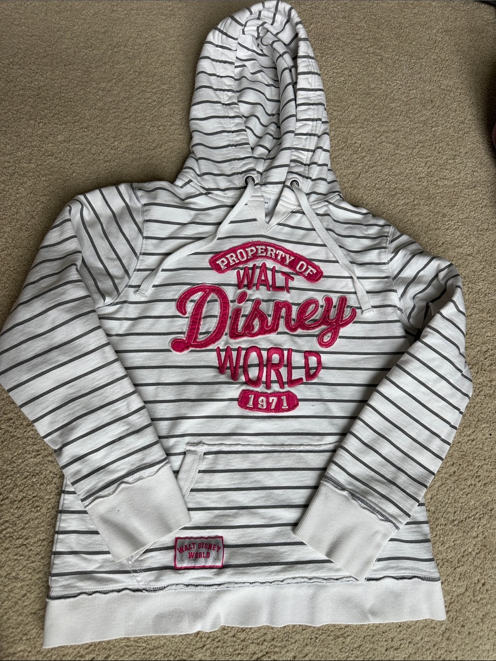 Disney White and Pink Striped Hoodie with Embroidered Logo